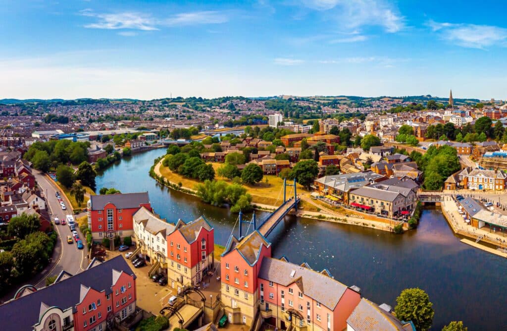 Aerial view of Exeter with River Exe and cityscape