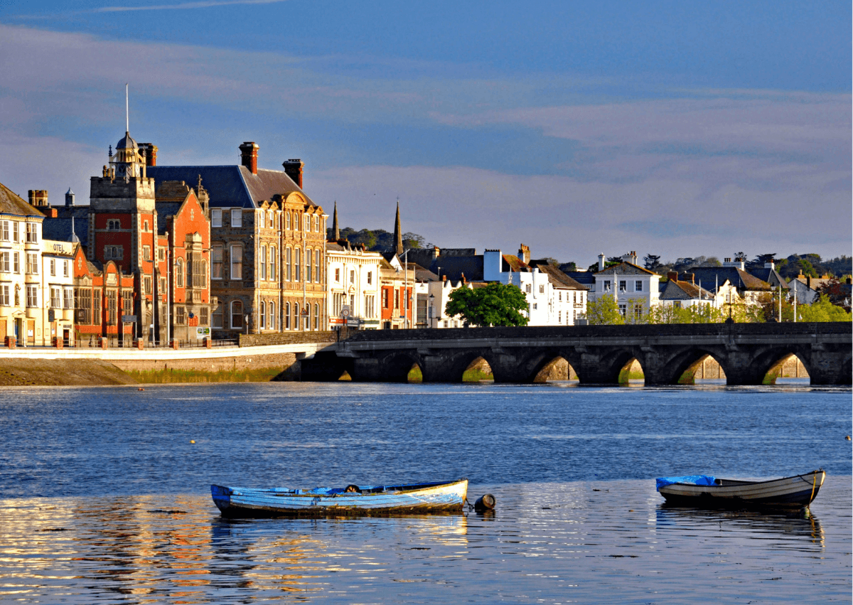 Bideford waterfront with historic buildings and bridge